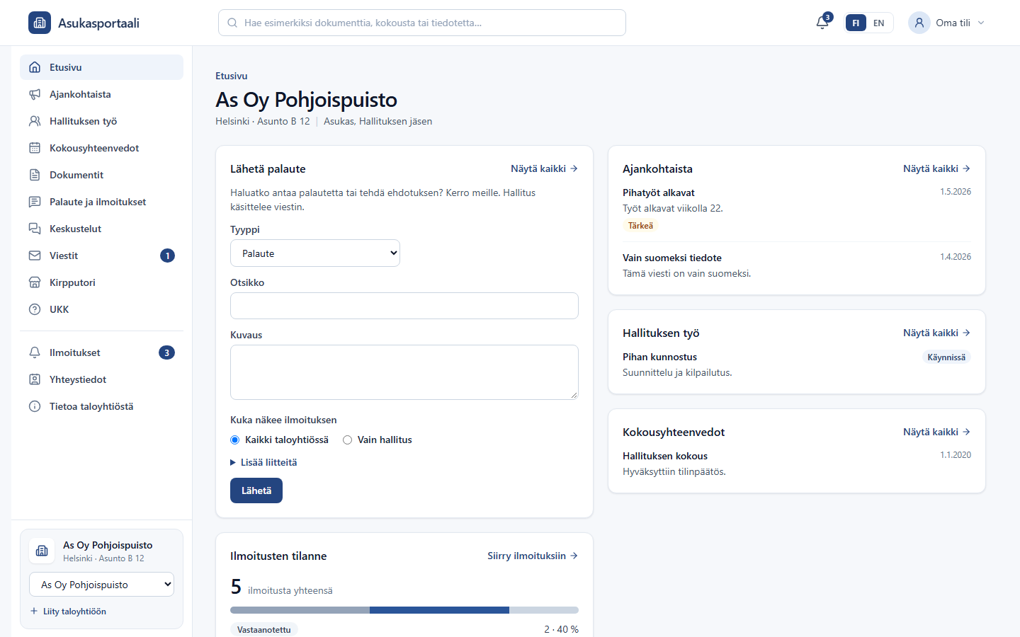 Asukasportaalin etusivu tietokoneella